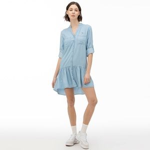 Chambray denim dress with foldable sleeves metal button front ruffled bottom